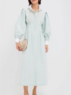 Tuckernuck Mint-Striped Puff-Sleeve Midi Dress with White Collar